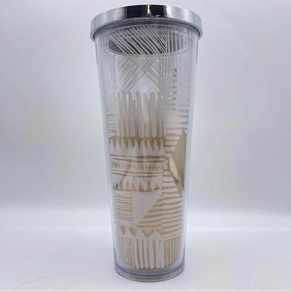 Starbucks 2014 Gold Silver White Ombré Tribal Aztec Geometric Print Tumbler Cup